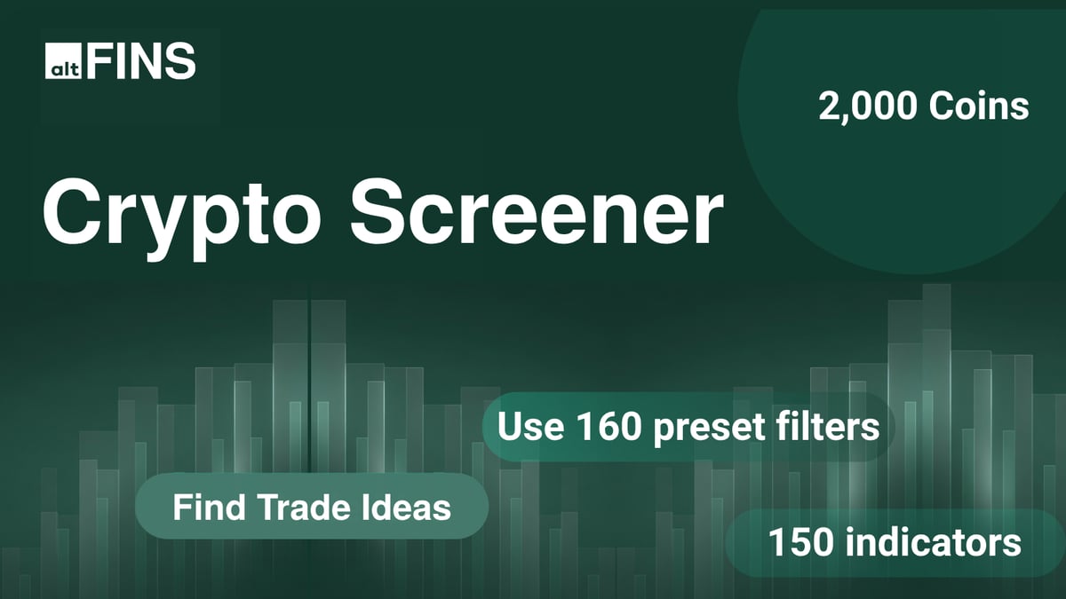 Crypto Screener infographic highlighting 2,000 coins, 160 preset filters and 150 indicators