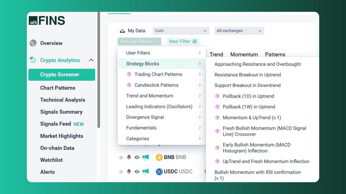 altFINS Preset Filters and Strategy Blocks menu in the crypto screener