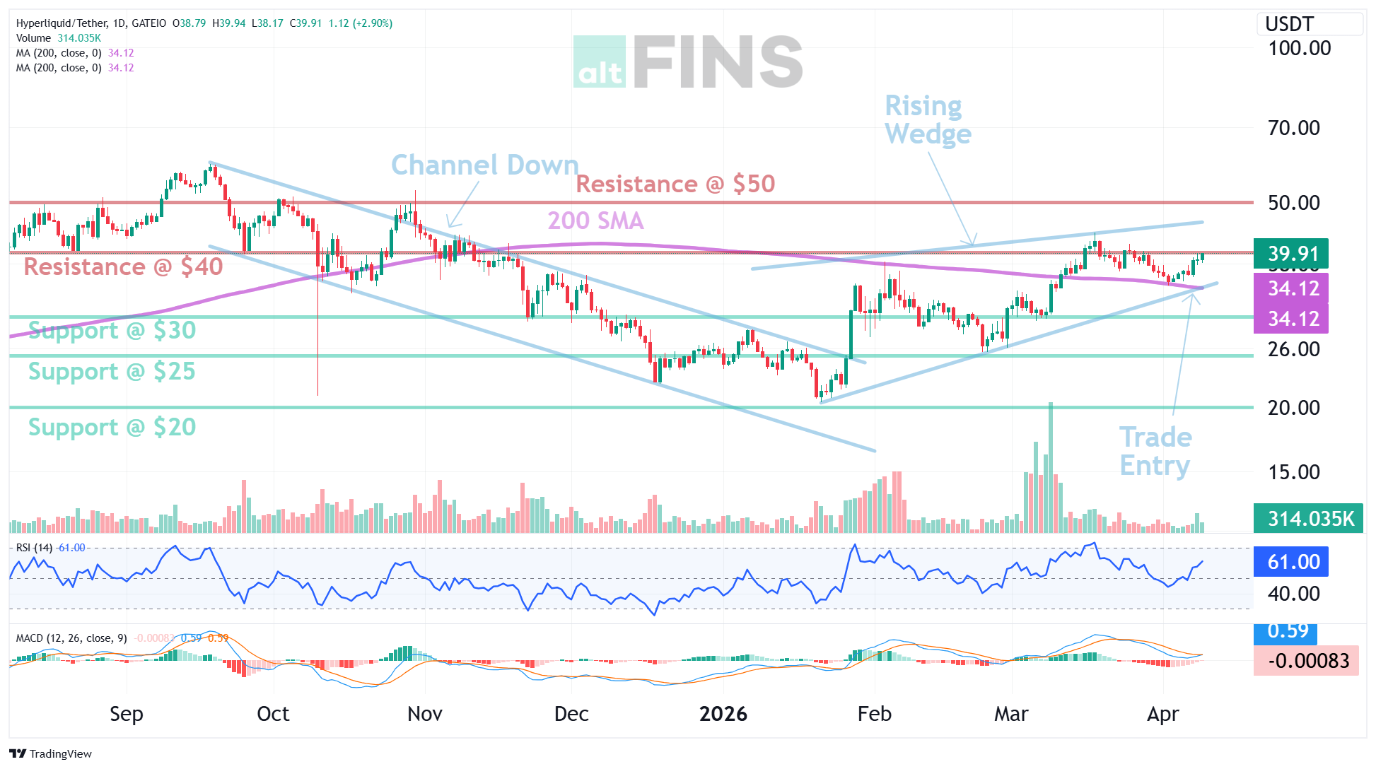 HYPE chart — rising wedge pullback